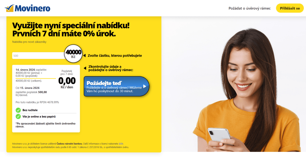 Movinero nabízí půjčku až do výše 40 000 Kč na prvních 7 dní zdarma.